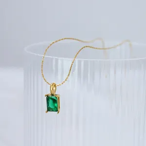 Tarnish Free Women Trendy Luxury Fashion Jewelry Emerald Zircon Pendant 18K Gold Plated Stainless Steel Necklace