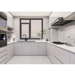 Armoire de cuisine américaine en bois massif encadrée avec étagères ouvertes et comptoir en marbre au design moderne - Product Image 2