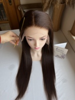 Perruque médicale sans colle en cheveux humains bruts, indétectable, avec dentelle HD 13x6, ligne de cheveux blanchie invisible, brun foncé, vente en gros