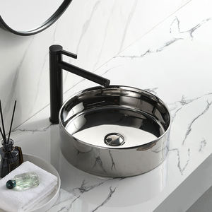 Lavabo de salle de bain de luxe en céramique, lavabo artistique à poser, finition argent mat, petit lavabo rond - Product Image 1