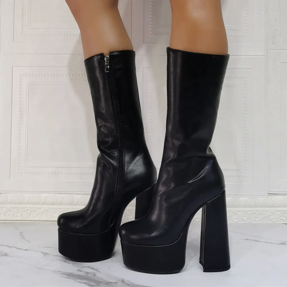 Bottes noires à bout rond pour femmes, chaussures montantes à hauteur du genou avec fermeture éclair, plate-forme, robe courte, escarpins, été, collection 2021