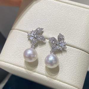 9-10mm Edison Pearl Iris Flower Dangle <b>Earrings</b>, 925 Sterling <b>Silver</b> Crystal Inlaid Floral <b>Drop</b> <b>Earrings</b> for Women - Product Image 2