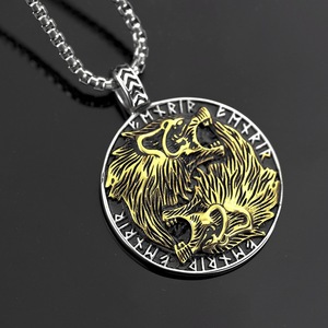 Double Wolf Head Pendant <b>Titanium</b> Steel Men's Necklace Gold Color Asymmetrical Animal Design Everyday Wear Fine Pendants - Product Image 2
