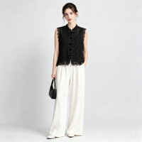 Gilet sans manches en dentelle noire pour femme, col mandarin, boutons grenouillère, haut ajouré, style chinois élégant et tendance