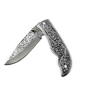 Navaja de bolsillo plegable grabada a mano con hoja de acero inoxidable, mango con punta de cuchillo y funda de cuero, cuchillo de uso diario. - Product Image 2