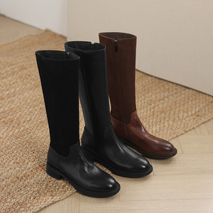 <span class=keywords><strong>Stivali</strong></span> Alti Vintage Cialisa Patchwork Marrone e Nero Fatti a Mano per <span class=keywords><strong>Donna</strong></span>, Inverno 2025, Punta Tonda, Tacco Medio - Product Image 1