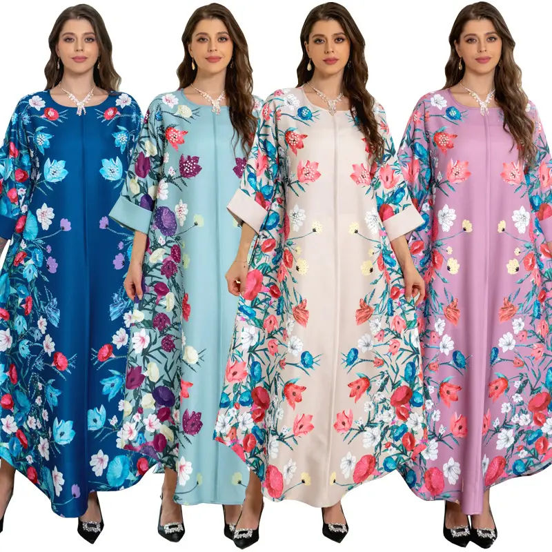 Großhandel Nahost Frauen Kurzarm Party kleid Mode druck Abaya Muslim Kleid Frauen Abendkleid