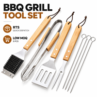 Ensemble d'outils de barbecue RTS 5 pièces en acier inoxydable avec poignées en bois, sac de transport, pour camping en extérieur, faible MOQ, 5 ensembles, logo personnalisé