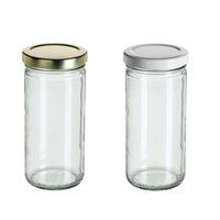 Frascos de Vidrio Transparentes de 8oz, 12oz y 16oz, Frascos Rectos Altos con Tapa Metálica Dorada de Rosca y Revestimiento de Plastisol