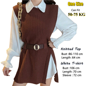 Conjunto informal de otoño y primavera para mujer, <span class=keywords><strong>camiseta</strong></span> <span class=keywords><strong>blanca</strong></span> de manga larga + Chaleco de punto <span class=keywords><strong>con</strong></span> abertura, <span class=keywords><strong>traje</strong></span> elegante para mujer - Product Image 5