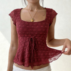 Camiseta sin Mangas con Estampado Floral, Transpirable, Tejida, Ecológica, con Cuello Cuadrado, Adorno de Volantes, Lazo Delantero, Estilo Casual y Fresco - Product Image 3