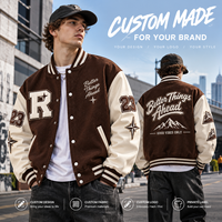 Blouson universitaire personnalisé brodé pour homme, marron, avec patch en chenille à lettres color block, mélange de laine, manches en cuir, boutons-pression