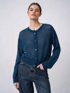 Suéter Casual Midi con Botones Delanteros de Diseño Minimalista para Mujer, Marca Blubelle, Otoño Invierno, Color Sólido, Cárdigan de Punto Fino - Product Image 5