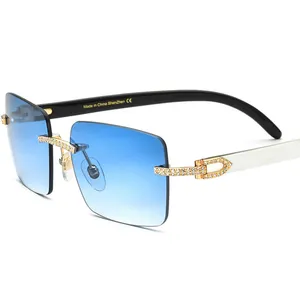 Vintage Rhinestone Natural Buffalo Horn Rimless Sunglasses Men Wood Square Sun Glasses Women For Outdoor Shades Oculos Eyewear