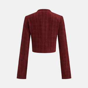 Blazer court en tweed bordeaux pour femme avec boutons dorés ornés, coupe ajustée personnalisable, veste de soirée formelle de bureau - Product Image 2