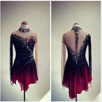 Robe de patinage artistique à col haut et manches longues, dégradé noir et rouge, avec strass en maille pour enfants et adultes, pour les compétitions sur glace