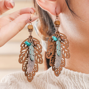 Boucles d'oreilles pendantes bohèmes en alliage plaqué bronze antique pour femme, motif plume, idéales pour les soirées - Product Image 2