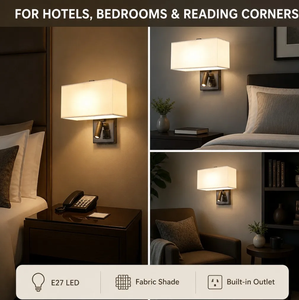 Lampada da Parete per Hotel con Paralume in Tessuto, Luce da Lettura E27 LED con <span class=keywords><strong>Presa</strong></span> Universale per Camera da Letto, Testiera, Stanza d'Albergo, Studio, Ufficio - Product Image 2