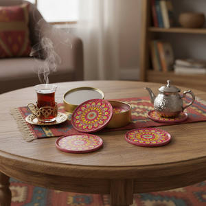 RED - YELLOW PATTERNED AND BOXED SIX METAL TEA COASTER - <b>MAT</b> FROM TURKEY - Product Image 3
