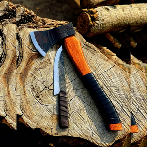 Couteaux utilitaires faits à la main en acier à haute teneur en carbone avec lame de hache à barbe, manche en bois enveloppé de cuir et étui en cuir Pasha Enterprises - Product Image 1