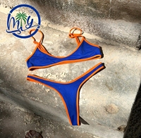 Sportieve tweekleurige bikiniset met neon piping, hoge snit, V-vormige voorkant, thong badpak, zwemkleding OEM ODM bulkbestelling