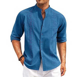 Nam giản dị Linen Áo sơ mi Cuban guayabera dài tay áo bãi biển Áo sơ mi <span class=keywords><strong>collarless</strong></span> nút xuống t Áo sơ mi - Product Image 6