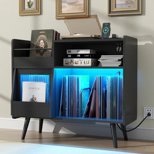 Sliding Door LED Lit <b>Record</b> Player <b>Stand</b> Vintage Wood Grain Vinyl Storage Cabinet 10W USB Charging Music Room Console - Product Image 1