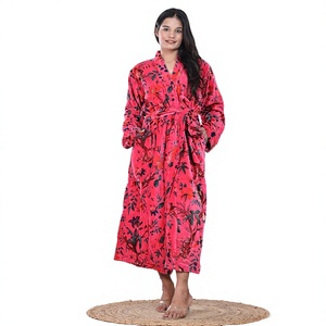 Robe Kimono en Velours Grande Taille Imprimé Oiseaux Roses pour Femme – Robe de Mariée Décontractée Écologique en Coton Velours pour Femme - Product Image 2