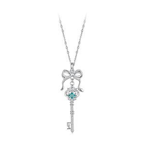 Collier pendentif clé plaqué argent avec breloque nœud en zircon cubique bleu, chaîne en alliage pour femme, bijoux à porter au quotidien - Product Image 1