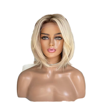 Perruque en cheveux humains bruts, coupe courte, prête à être expédiée, couleur blonde avec mèches, base en soie, perruque entièrement nouée à la main, perruque médicale pour l'alopécie et la perte de cheveux