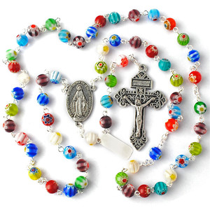 Collar religioso de 8mm para mujer, piedras azuladas multicolor, cuentas de cristal, cadena de plata, Rosario con caja de regalo, venta al por mayor de fábrica - Product Image 3