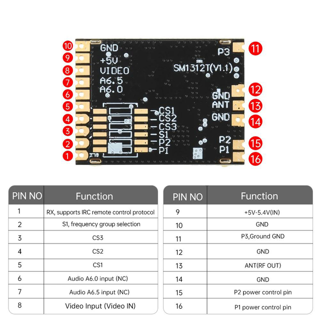 SM1312T 1.2G/1.3G Video Signal Transmitter Module 16 Signal Channels 800mW High Power Video Signal Transmitter for FPV