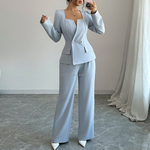 Ensemble <span class=keywords><strong>tailleur</strong></span> élégant 2 pièces <span class=keywords><strong>pour</strong></span> femme avec logo personnalisé, veste courte à col carré et taille cintrée, <span class=keywords><strong>pantalon</strong></span> taille haute coupe droite - Product Image 1