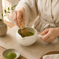 Bol à matcha en céramique blanche avec poignée et bec verseur, logo personnalisé pour la préparation quotidienne du matcha à la maison ou au café, cérémonie du thé
