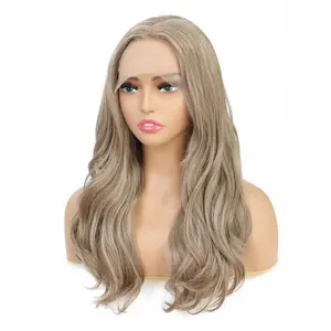 Lenaqueen 2022 Blonde Mixed Highlight Futura Fiber Hair Wigs Synthetic Wavy Front Wigs for Women For Show Party Wedding