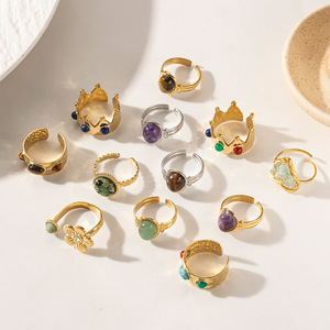 Bague ouverte en acier inoxydable de style européen-américain avec pierre naturelle œil de tigre, bijoux luxueux haut de gamme pour femmes - Product Image 2