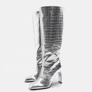 Stylish Women's Long Boots Thick Heels Square Toe Fashion Knee High Booties Animals Pattern Gold Silver <b>Shoes</b> - Product Image 3