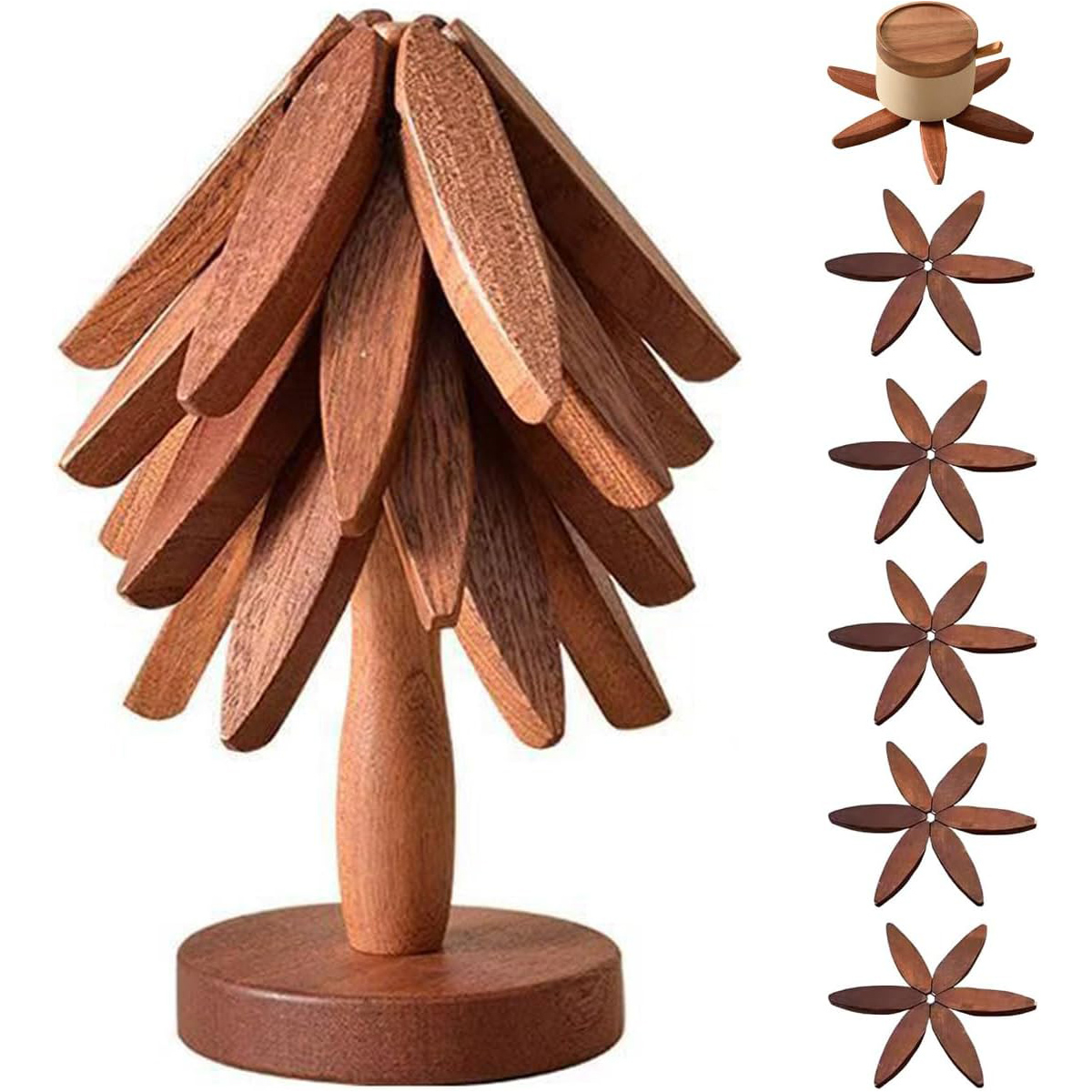 Wood Color 4 Wooden Trivet + 1 Stand