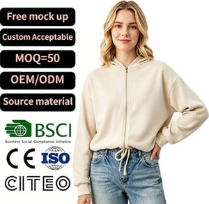 Sweat-shirt à <span class=keywords><strong>capuche</strong></span> zippé <span class=keywords><strong>beige</strong></span> pour femme en polaire douce, décontracté, à manches longues, avec cordon de serrage réglable, idéal pour le printemps et l'automne - Product Image 1