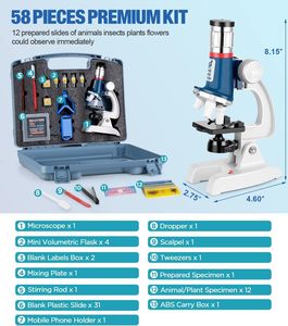 Kit de microscope pour enfants de 58 pièces, grossissement 100X-1200X, corps en métal, lumière LED, boîte de transport, jouet d'expérimentation scientifique, âges 5-12 ans - Product Image 5