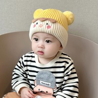 Chapeau d'hiver chaud en tricot côtelé avec oreilles d'ours, bonnet en tricot avec broderie et doublure en polaire douce