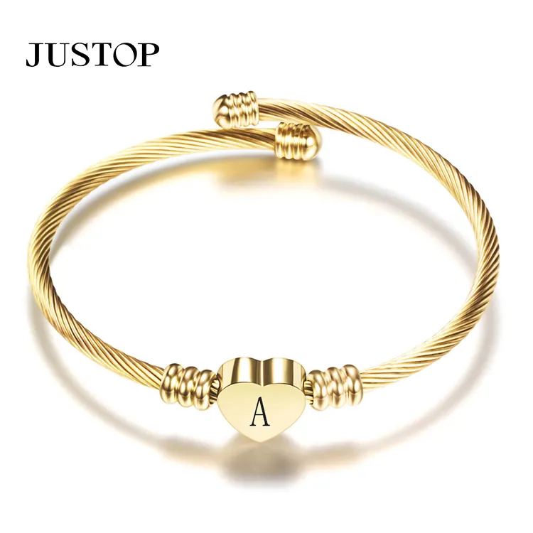 Fashion Personality Cable Design Cuff 26 English Letters Engraved Heart Charm Stainless Steel Bangle Bracelet For Women