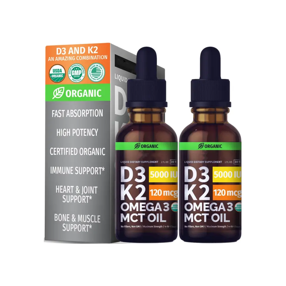 (2 Pack) Vitamin D3 + K2 Drops with MCT Oil Omega 3, Maximum Strength Vitamin D 5000 IU Support Logo and Label Customization