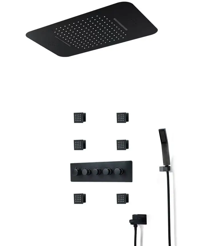 Hot Sale Bathroom Shower Five Handles LED& Music Rainfall Bathroom Shower Set with 580*380mm Shower Head, Black