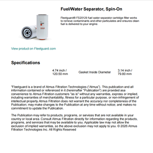 Filtre séparateur eau-carburant DCEC authentique Cummins FS20129 5591977, remplace 1125030-T68L0 pour QSC8.3 QSL8.9 ISL9.5 - Product Image 2