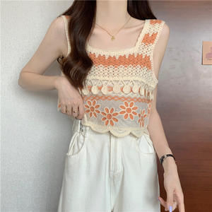 <span class=keywords><strong>Gilet</strong></span> en tricot vintage à broderies au <span class=keywords><strong>crochet</strong></span> pour femmes, style bohème ethnique d'été, haut sans manches court - Product Image 2