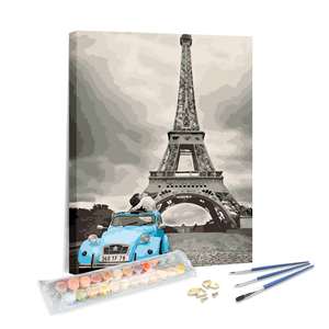 Kit Pittura con Numeri OEM ODM: Coppia Romantica con Torre Eiffel e <span class=keywords><strong>Auto</strong></span> d'Epoca, Paesaggio Urbano di Parigi su Tela - Product Image 1
