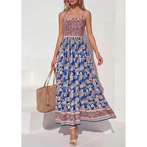FOXA Womens <b>Summer</b> Maxi <b>Dress</b> Floral <b>Boho</b> Spaghetti Strap A-Line Elastic Waist Breathable Casual Beach Sundress - Product Image 2