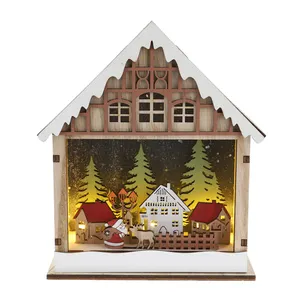 Ornamen kayu Natal Desktop lampu LED, hiasan rumah pohon Natal pemandangan desa Natal