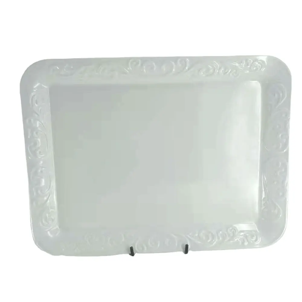 16 Inches White Plastic Display Rectangle Tray Dinnerware Floral Decorative Melamine Serving Tray for Coffee Table Countertop